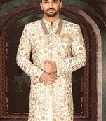Cream dupion arts silk straight design with emb all over work indo western