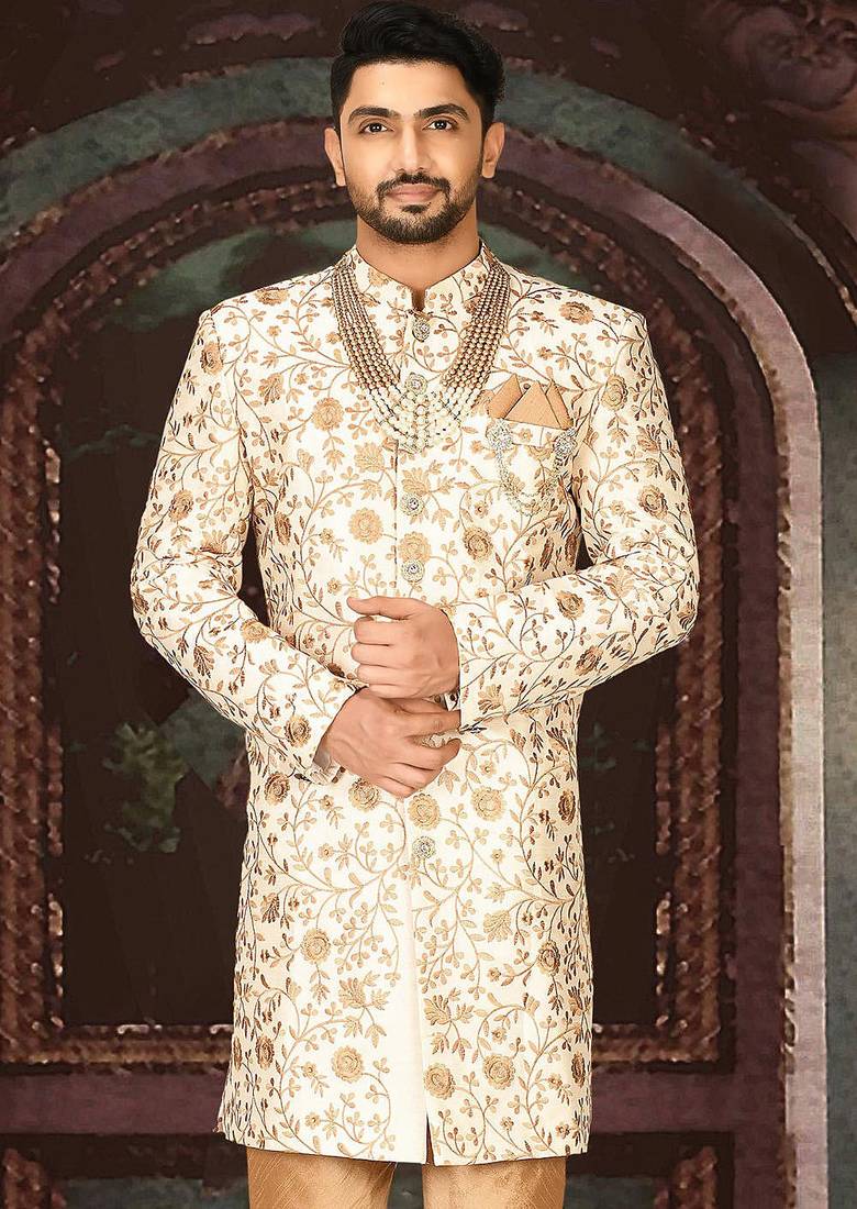 Cream dupion arts silk straight design with emb all over work indo western