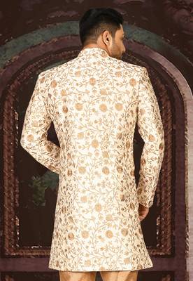 Cream dupion arts silk straight design with emb all over work indo western 3