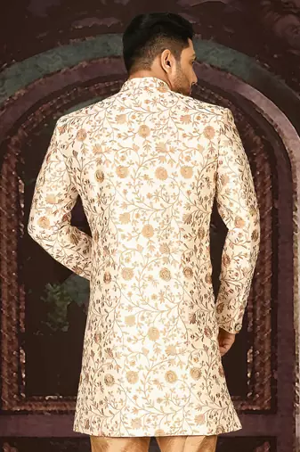 Cream dupion arts silk straight design with emb all over work indo western