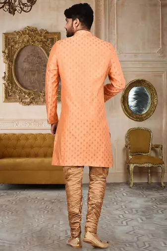 Orange  anghrakha pattern work with mahroon pipe in indo western