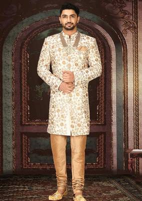 Cream dupion arts silk straight design with emb all over work indo western 1