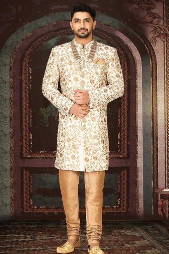 Cream dupion arts silk straight design with emb all over work indo western