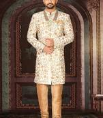 Cream dupion arts silk straight design with emb all over work indo western