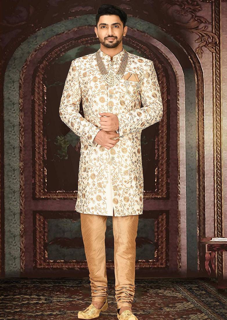 Cream dupion arts silk straight design with emb all over work indo western