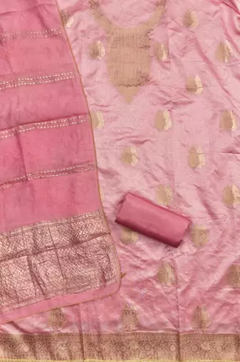 Elegant pink zari woven unstitched salwar suit with dupatta