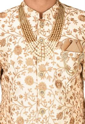 Cream dupion arts silk straight design with emb all over work indo western 2
