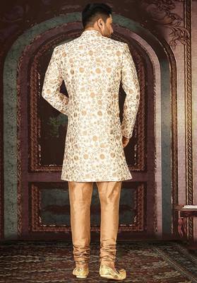 Cream dupion arts silk straight design with emb all over work indo western 3