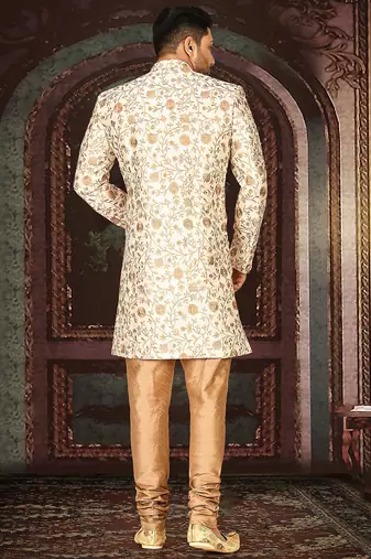 Cream dupion arts silk straight design with emb all over work indo western