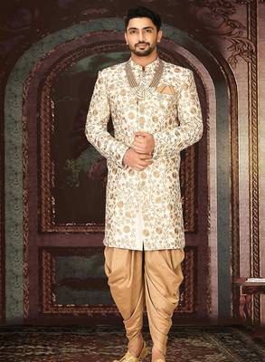 Cream dupion arts silk straight design with emb all over work indo western 1