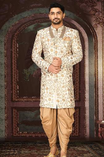 Cream dupion arts silk straight design with emb all over work indo western