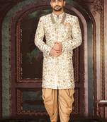Cream dupion arts silk straight design with emb all over work indo western