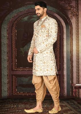 Cream dupion arts silk straight design with emb all over work indo western 3