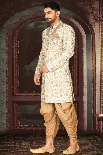 Cream dupion arts silk straight design with emb all over work indo western