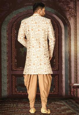 Cream dupion arts silk straight design with emb all over work indo western 4