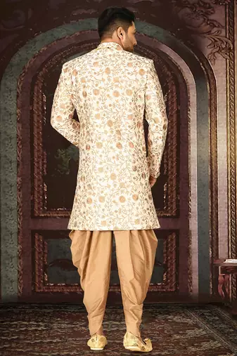 Cream dupion arts silk straight design with emb all over work indo western