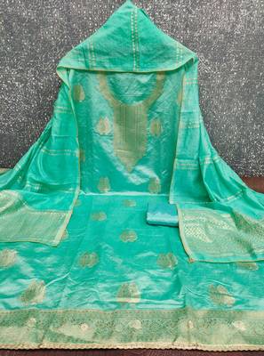 Elegant green zari woven unstitched salwar suit with dupatta 2