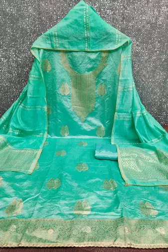 Elegant green zari woven unstitched salwar suit with dupatta