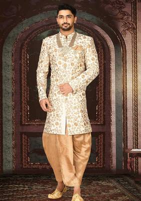Cream dupion arts silk straight design with emb all over work indo western 1