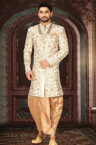 Cream dupion arts silk straight design with emb all over work indo western