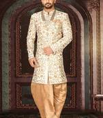 Cream dupion arts silk straight design with emb all over work indo western