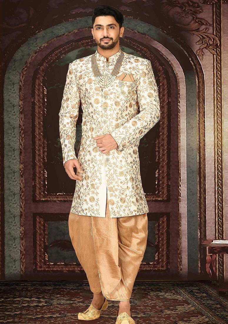 Cream dupion arts silk straight design with emb all over work indo western