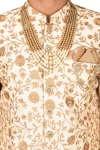 Cream dupion arts silk straight design with emb all over work indo western