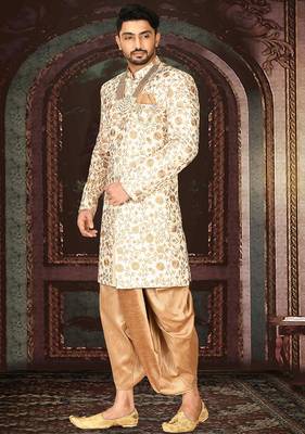 Cream dupion arts silk straight design with emb all over work indo western 3