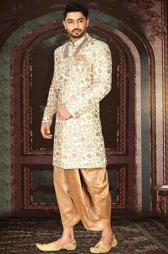 Cream dupion arts silk straight design with emb all over work indo western