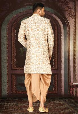 Cream dupion arts silk straight design with emb all over work indo western 4