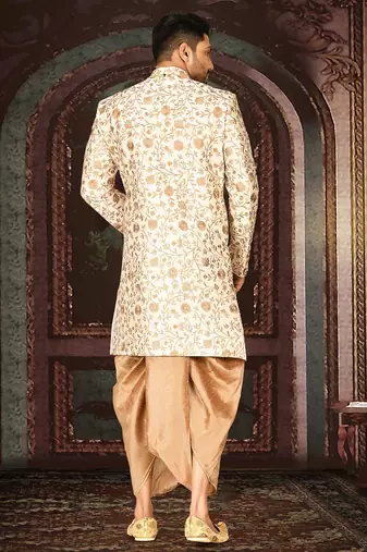 Cream dupion arts silk straight design with emb all over work indo western