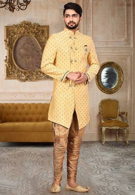 Yellow  anghrakha pattern work with mahroon pipe in indo western 1