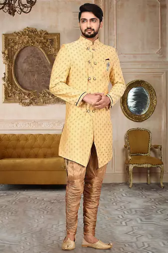 Yellow  anghrakha pattern work with mahroon pipe in indo western