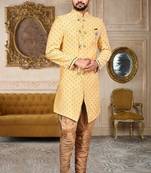 Yellow  anghrakha pattern work with mahroon pipe in indo western