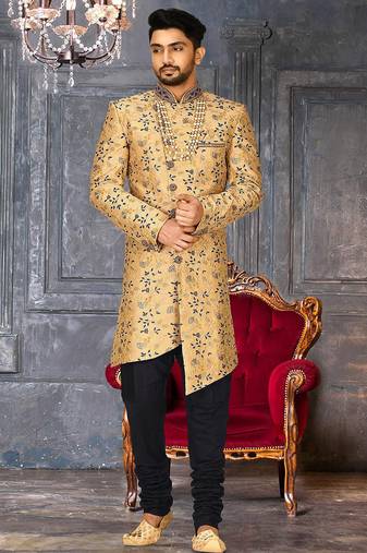 Light beige dupion arts silk anghrakha design with hand work on collar and buttons indo western