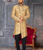 Light beige dupion arts silk anghrakha design with hand work on collar and buttons indo western
