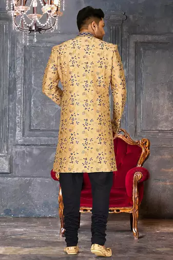 Light beige dupion arts silk anghrakha design with hand work on collar and buttons indo western