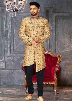 Light beige dupion arts silk anghrakha design with hand work on collar and buttons indo western 1