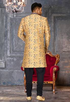 Light beige dupion arts silk anghrakha design with hand work on collar and buttons indo western 3