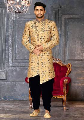 Light beige dupion arts silk anghrakha design with hand work on collar and buttons indo western 1