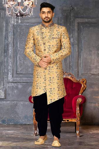 Light beige dupion arts silk anghrakha design with hand work on collar and buttons indo western