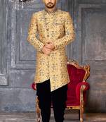 Light beige dupion arts silk anghrakha design with hand work on collar and buttons indo western