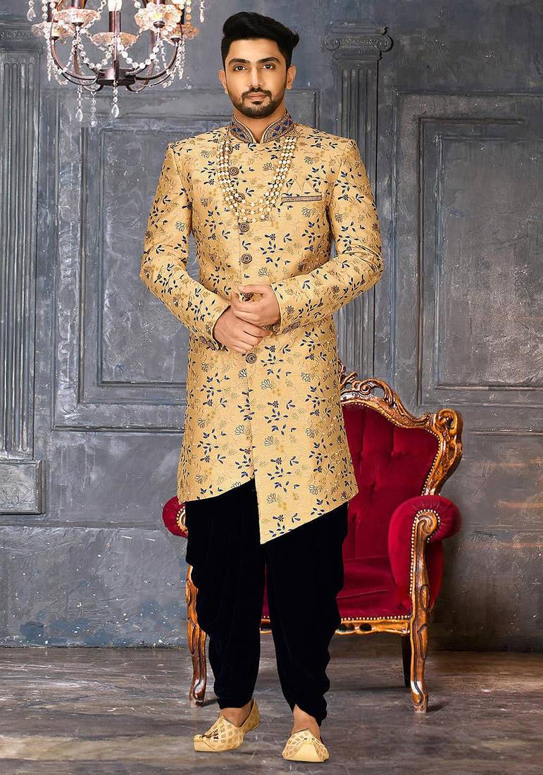 Light beige dupion arts silk anghrakha design with hand work on collar and buttons indo western