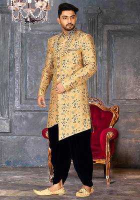 Light beige dupion arts silk anghrakha design with hand work on collar and buttons indo western 3