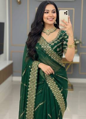 Green Color  embroidery sequence work Silk Saree 1
