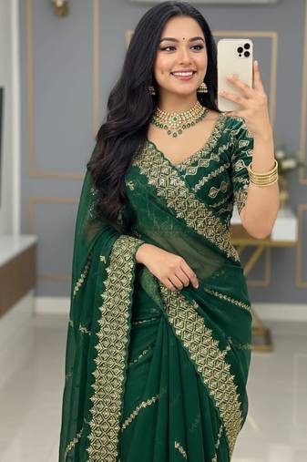Green Color  embroidery sequence work Silk Saree