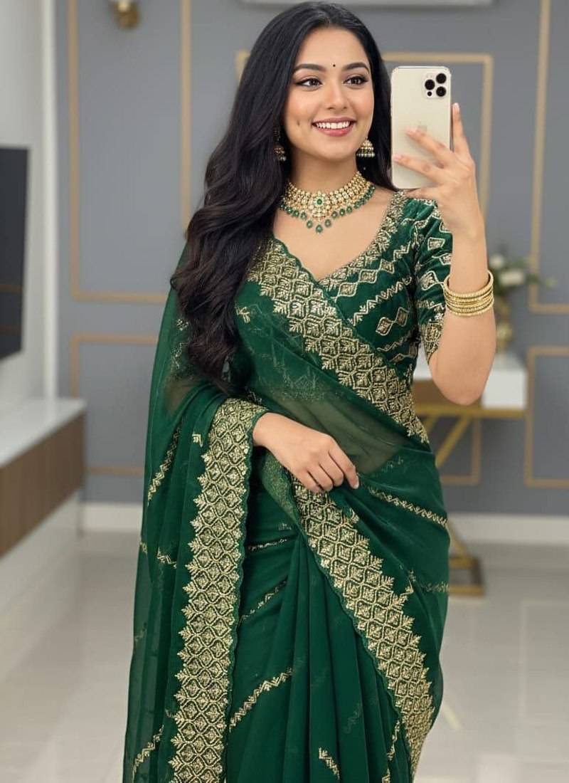 Green Color  embroidery sequence work Silk Saree