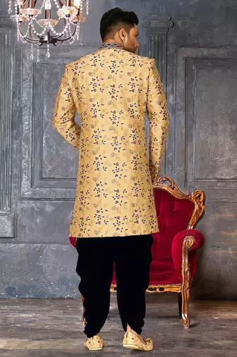 Light beige dupion arts silk anghrakha design with hand work on collar and buttons indo western