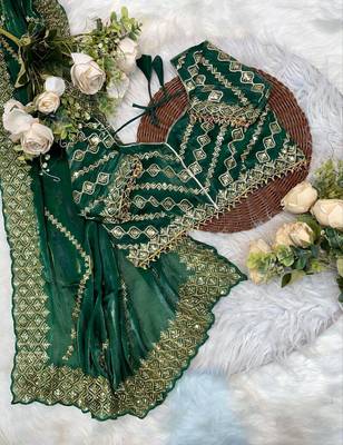 Green Color  embroidery sequence work Silk Saree 3