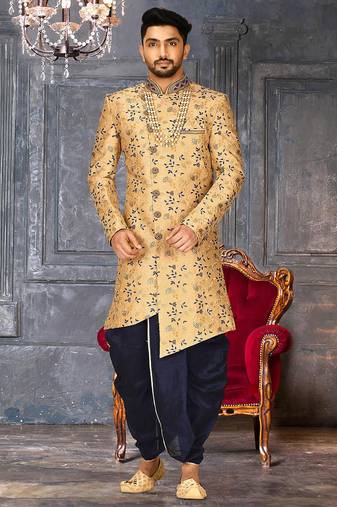 Light beige dupion arts silk anghrakha design with hand work on collar and buttons indo western